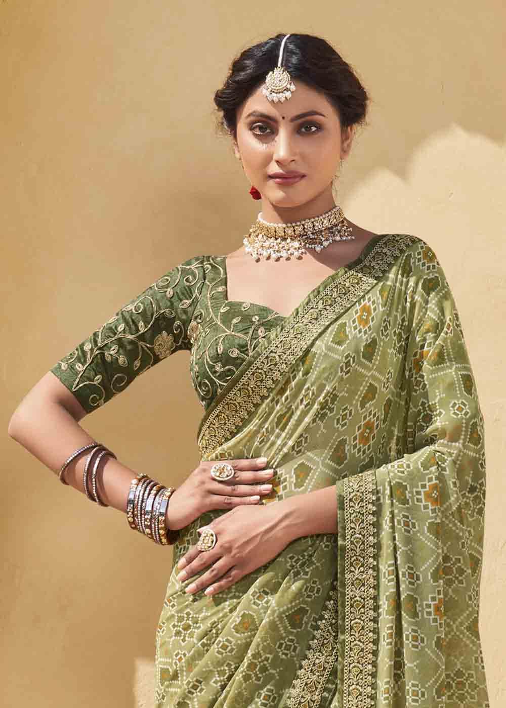 MySilkLove Olive Green Patola Print Georgette Saree With Embroidered Blouse