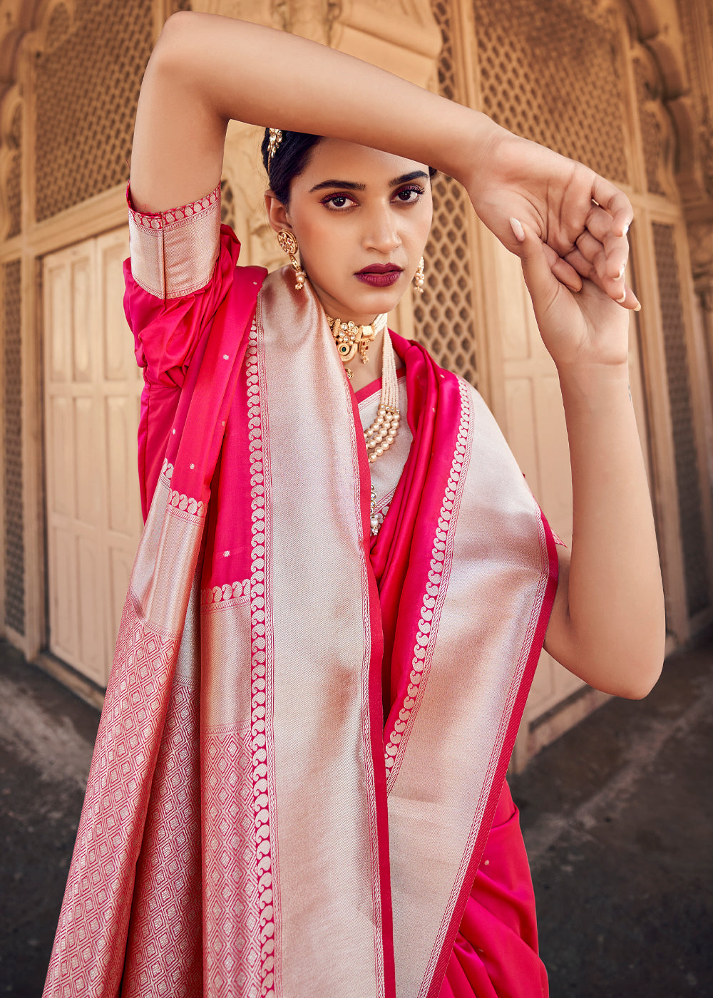 MySilkLove Radical Pink Woven Banarasi Satin Silk Saree