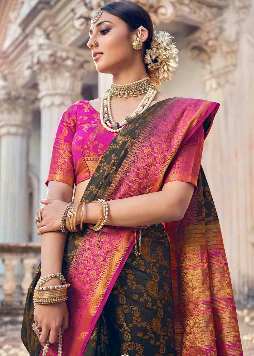 Buy MySilkLove Cinder Black and Pink Zari Woven Banarasi Raw Silk Saree Online