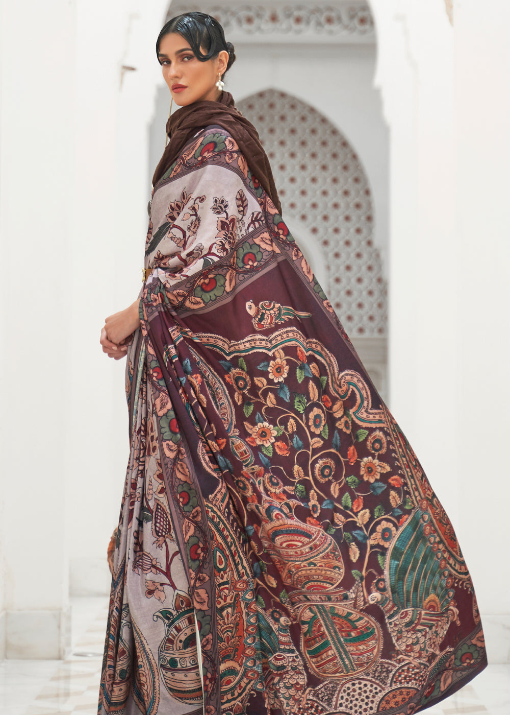 Buy MySilkLove Thatch Grey and Brown Kalamkari Printed Crepe Saree Online