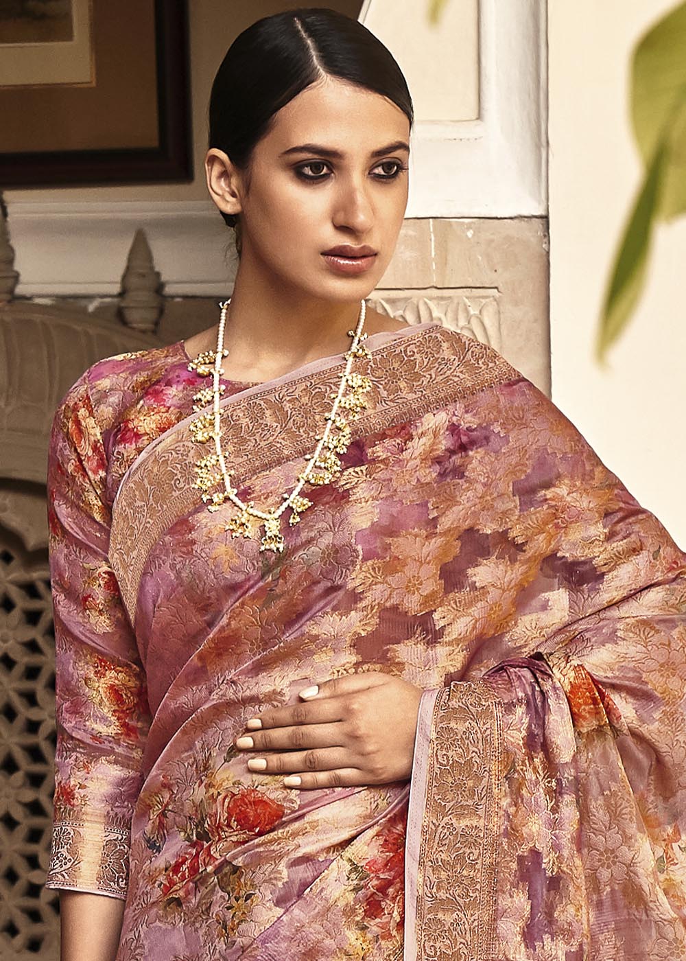 MySilkLove Burning Sand Pink Digital Printed Brasso Saree