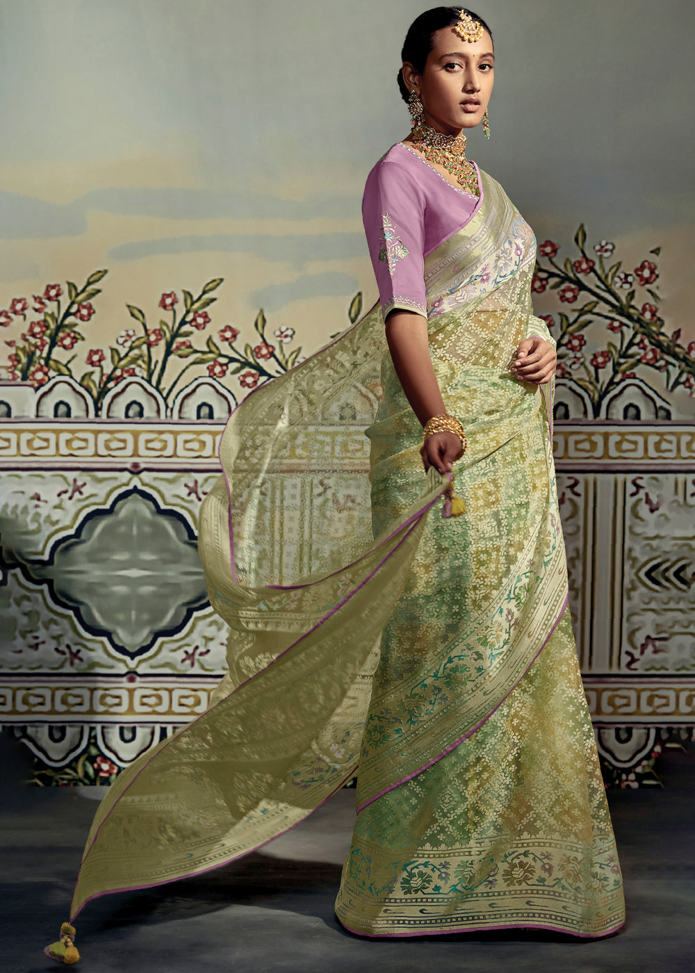 Buy MySilkLove Locust Green and Yellow Woven Soft Silk Saree with Embroidered Blouse Online