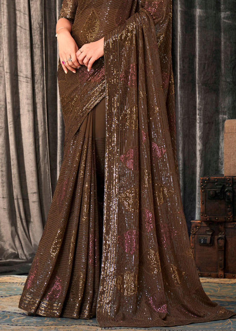 Buy MySilkLove Millbrook Brown Sequins Embroidered Designer Georgette Saree Online