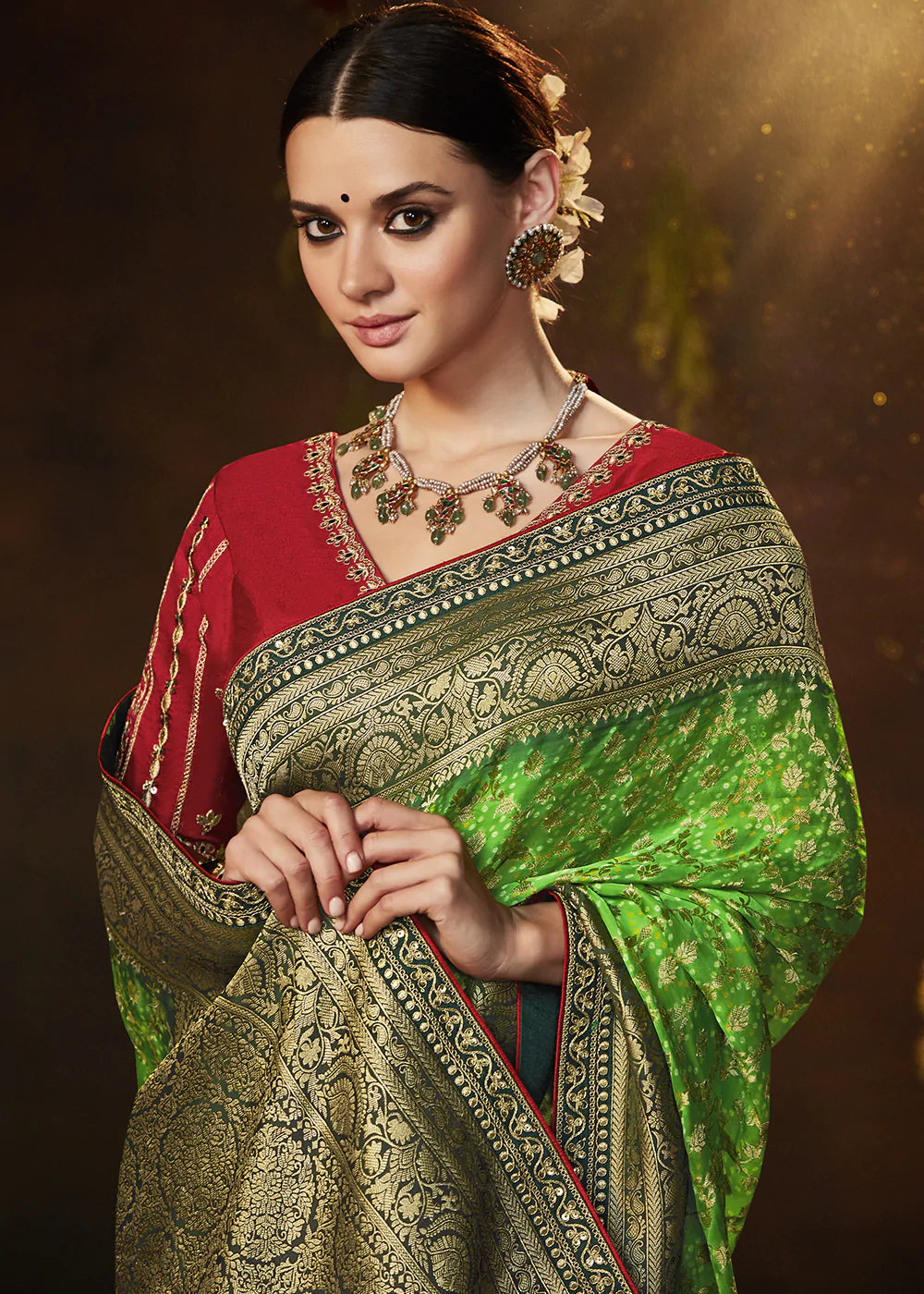 Buy MySilkLove Wild Willow Green Woven Georgette Designer Saree with Embroidered Blouse Online