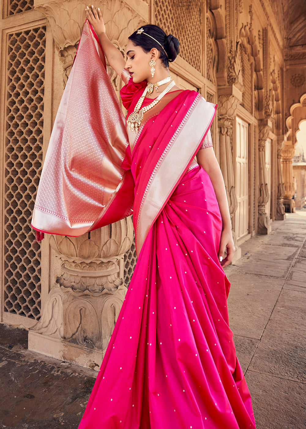 Buy MySilkLove Radical Pink Woven Banarasi Satin Silk Saree Online