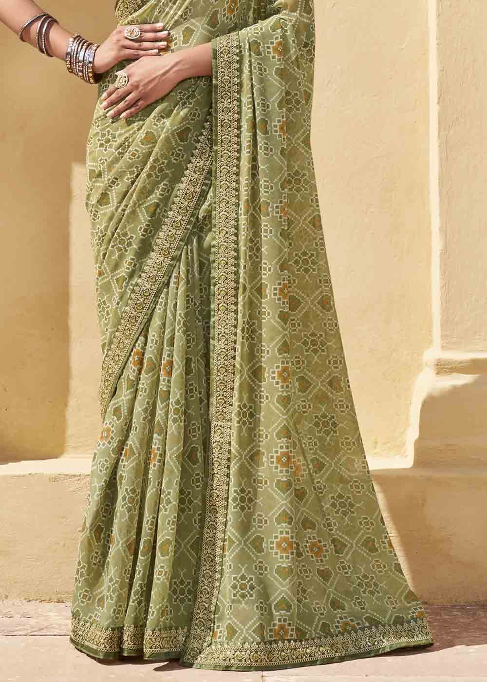 Buy MySilkLove Olive Green Patola Print Georgette Saree With Embroidered Blouse Online