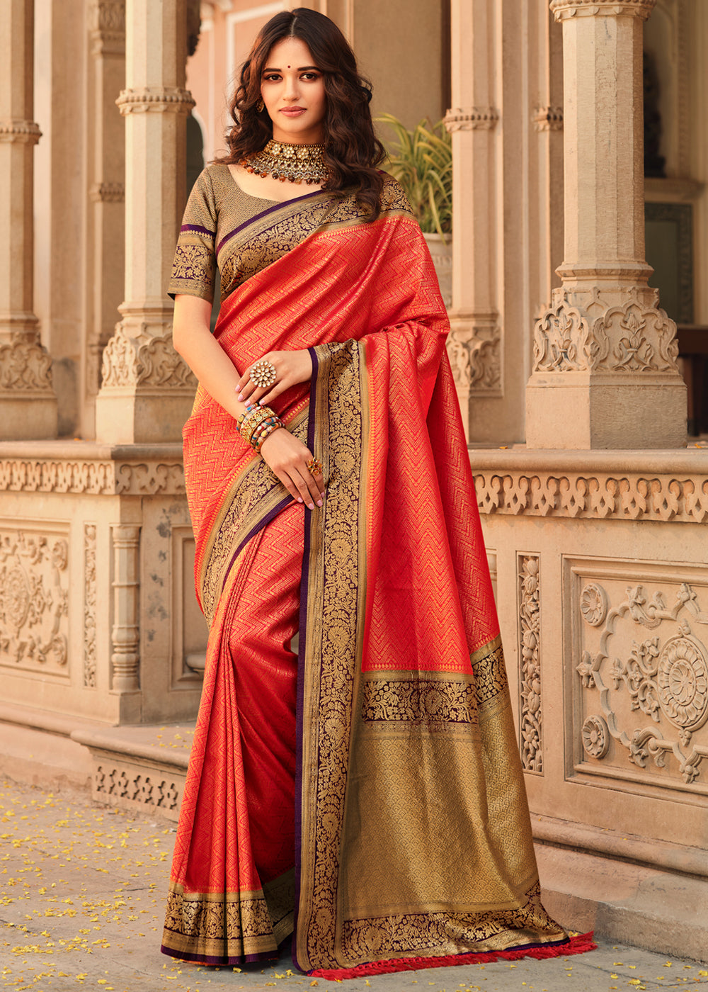 Buy MySilkLove Mandarin Pearl Red and Purple Zari Woven Kanjivaram Saree Online