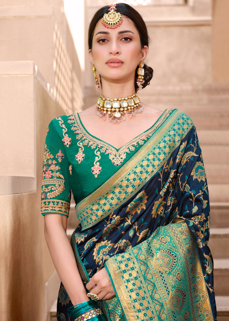 Buy MySilkLove Cinder Blue and Green Woven Designer Banarasi Silk Saree Online