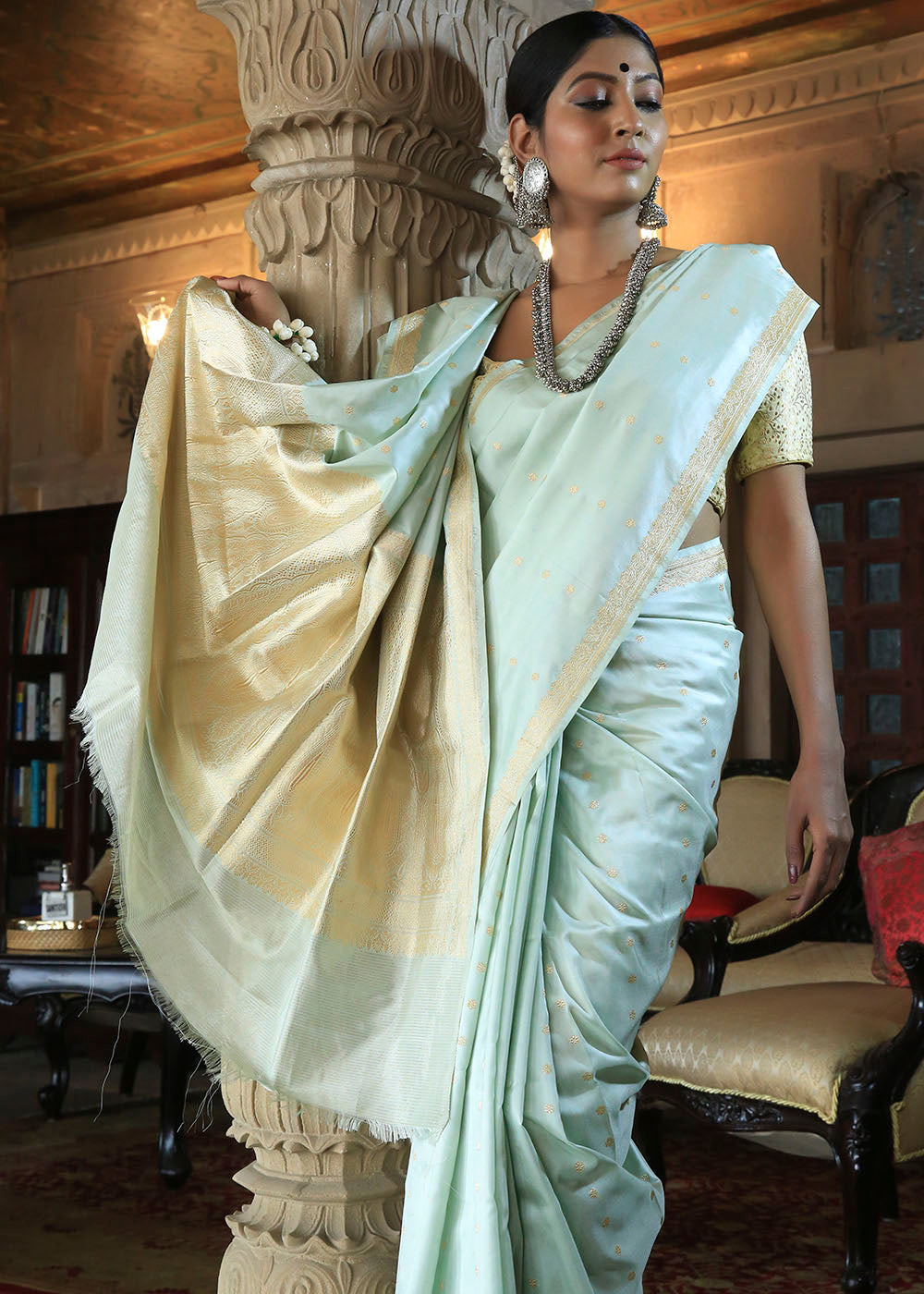 Buy MySilkLove Polar Blue Katan Pure Silk Handwoven Booti Work Saree Online