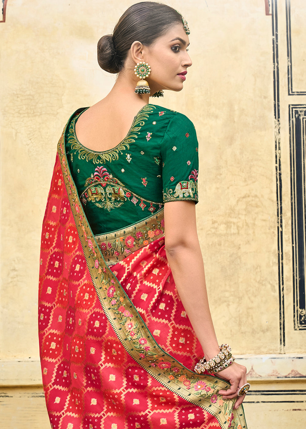 MySilkLove Valencia Red and Green Patola Printed Dola Silk Saree With Embroidered Blouse