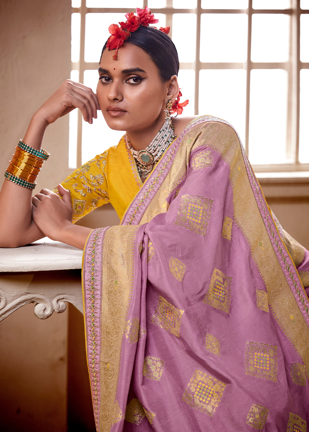MySilkLove Shocking Purple and Yellow Banarasi Saree with Designer Blouse