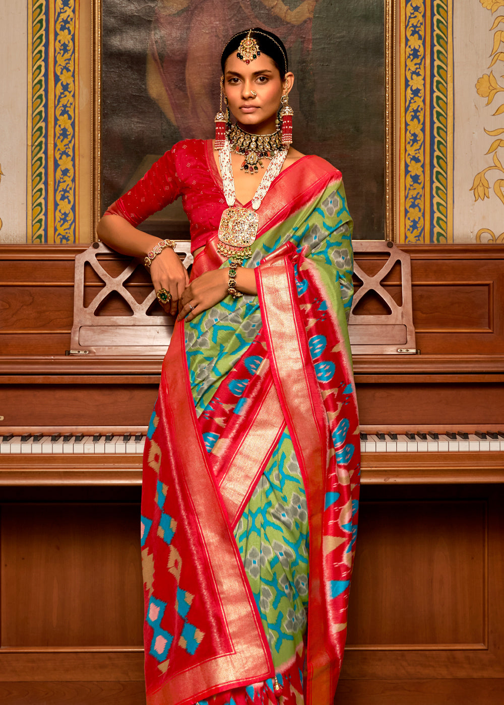 Buy MySilkLove Asparagus Green and Red Patola Silk Saree Online
