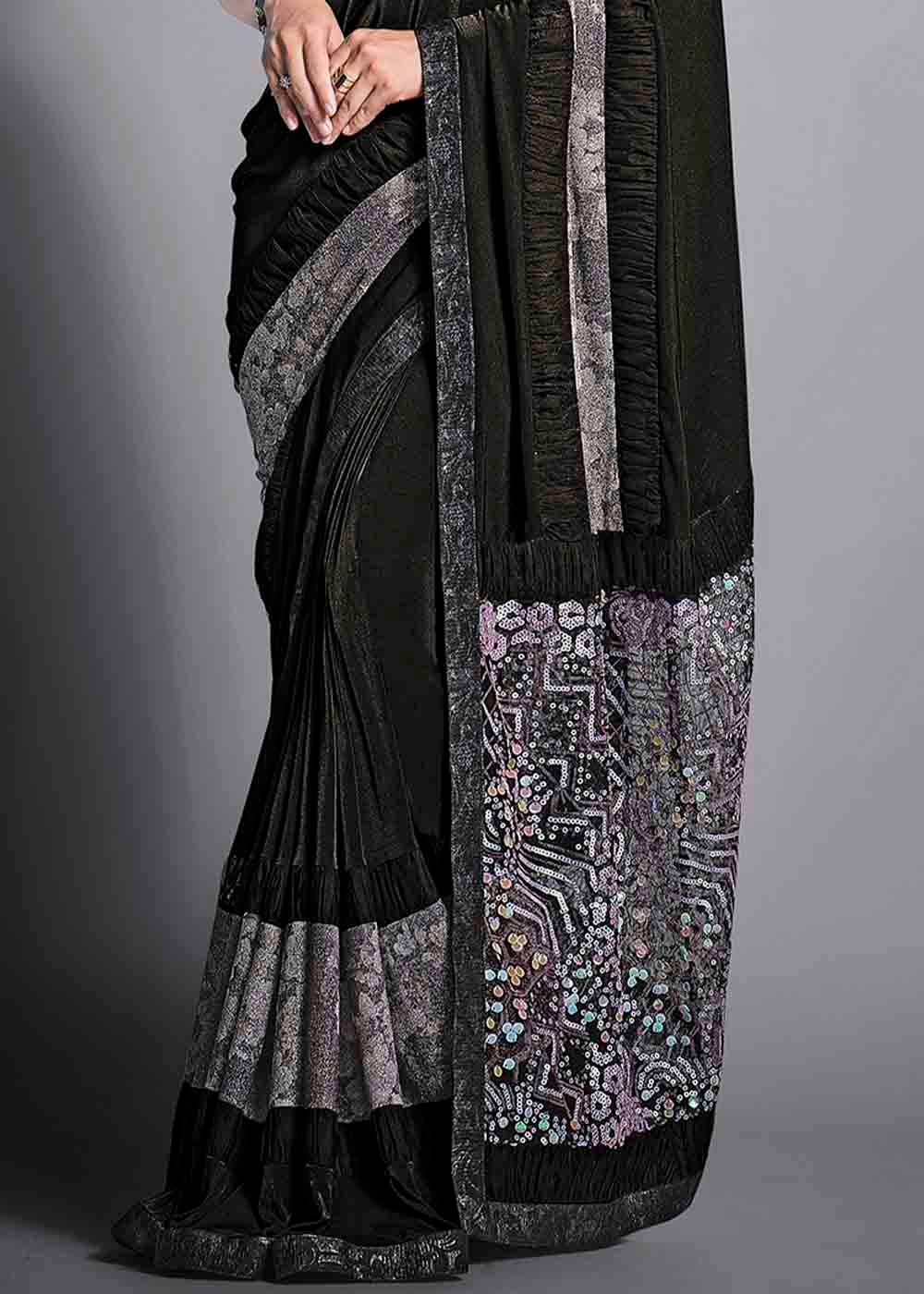 Buy MySilkLove Dove Black Designer Lycra Saree with Embroidery Work Online