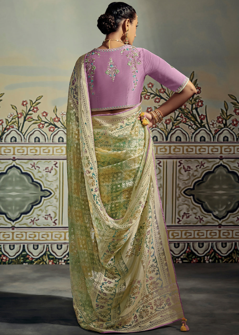 Buy MySilkLove Locust Green and Yellow Woven Soft Silk Saree with Embroidered Blouse Online