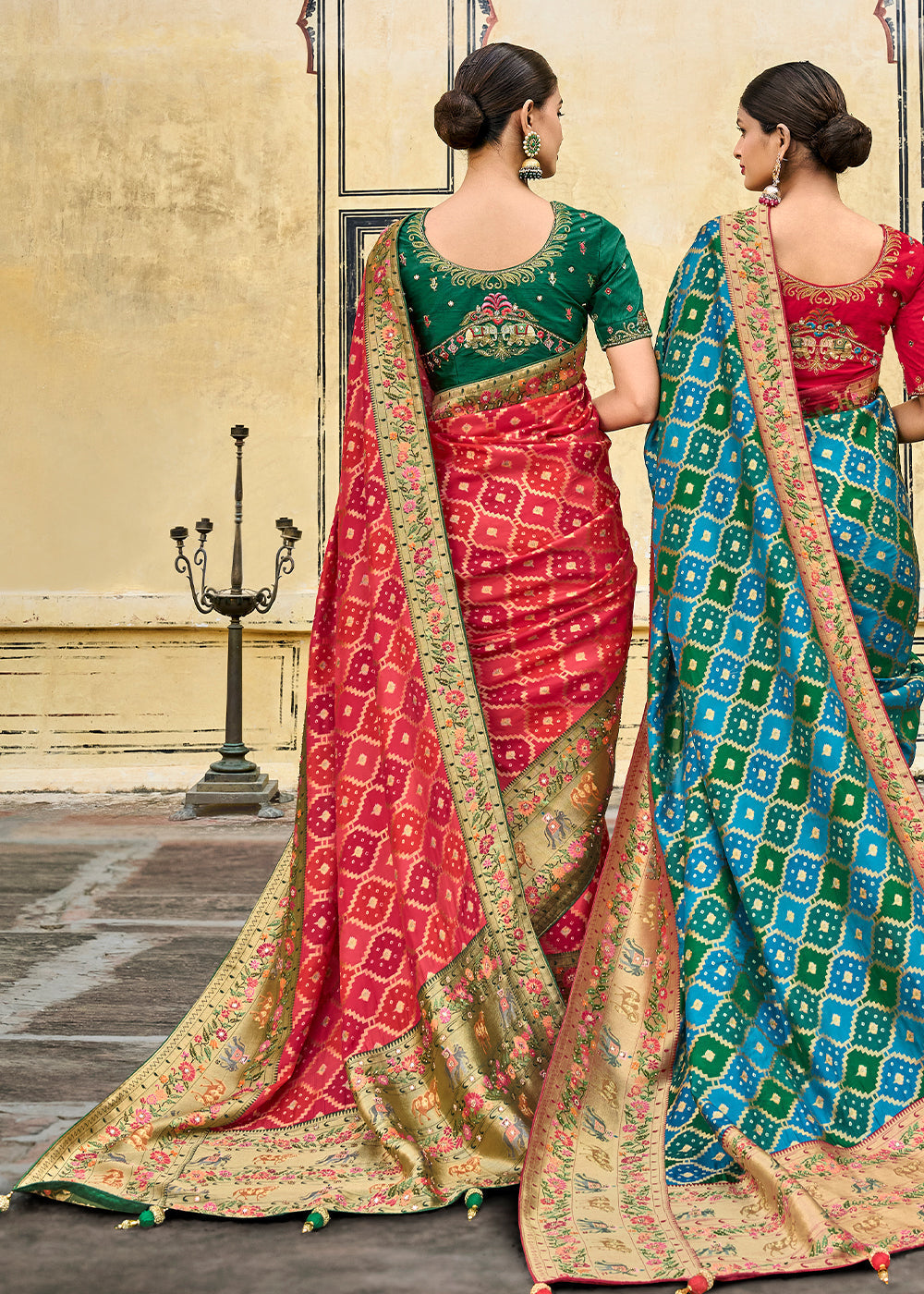 Buy MySilkLove Valencia Red and Green Patola Printed Dola Silk Saree With Embroidered Blouse Online