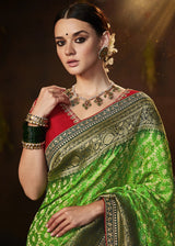 Wild Willow Green Woven Georgette Designer Saree with Embroidered Blouse