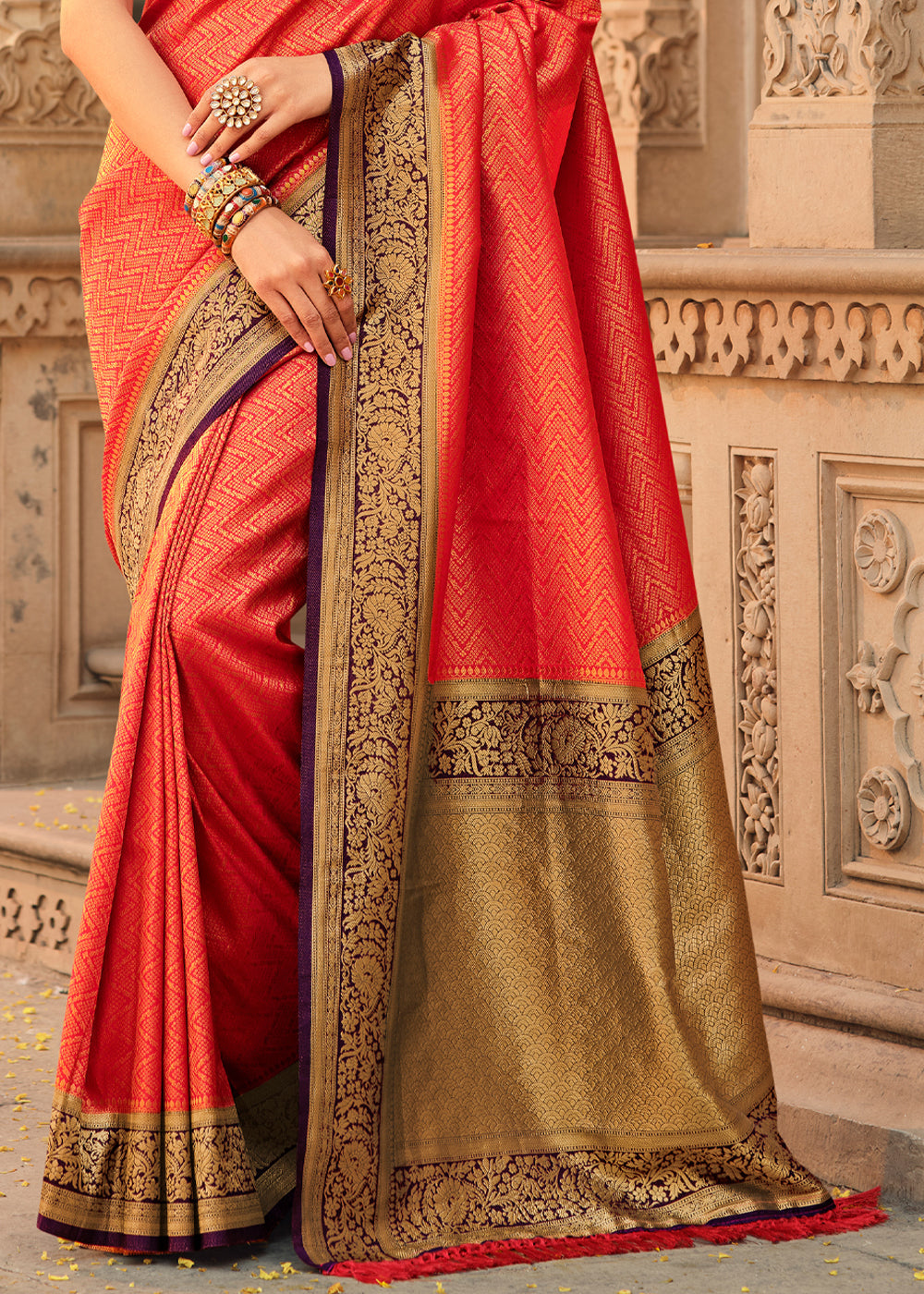 Buy MySilkLove Mandarin Pearl Red and Purple Zari Woven Kanjivaram Saree Online