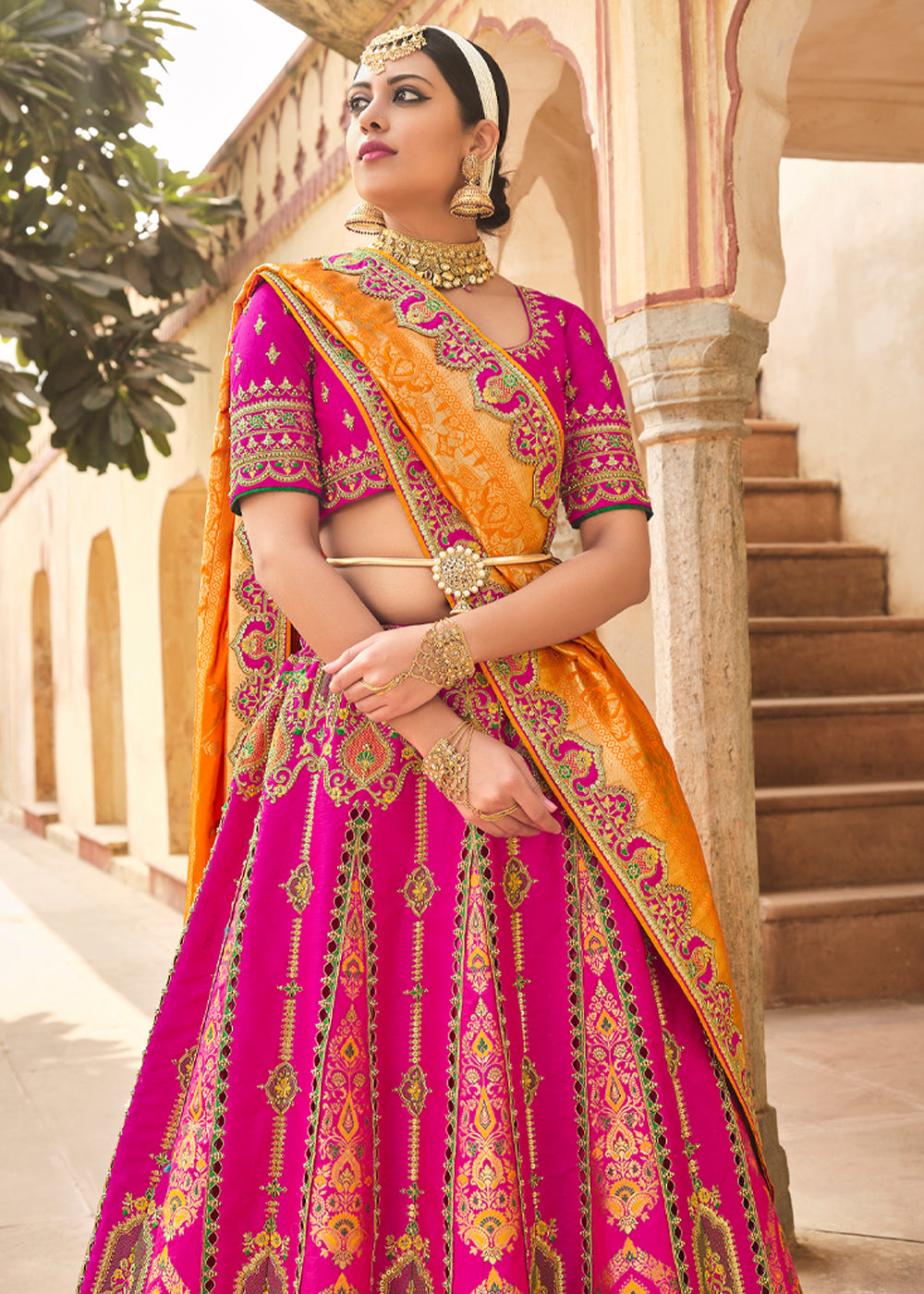 MySilkLove Cranberry Pink and Orange Heavy Embroidered Lehenga