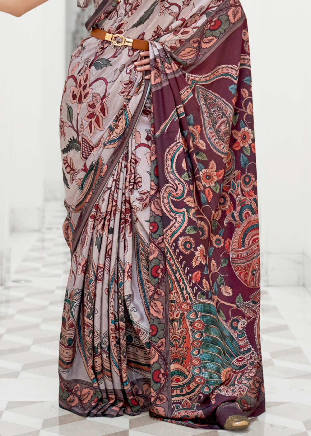 Buy MySilkLove Thatch Grey and Brown Kalamkari Printed Crepe Saree Online