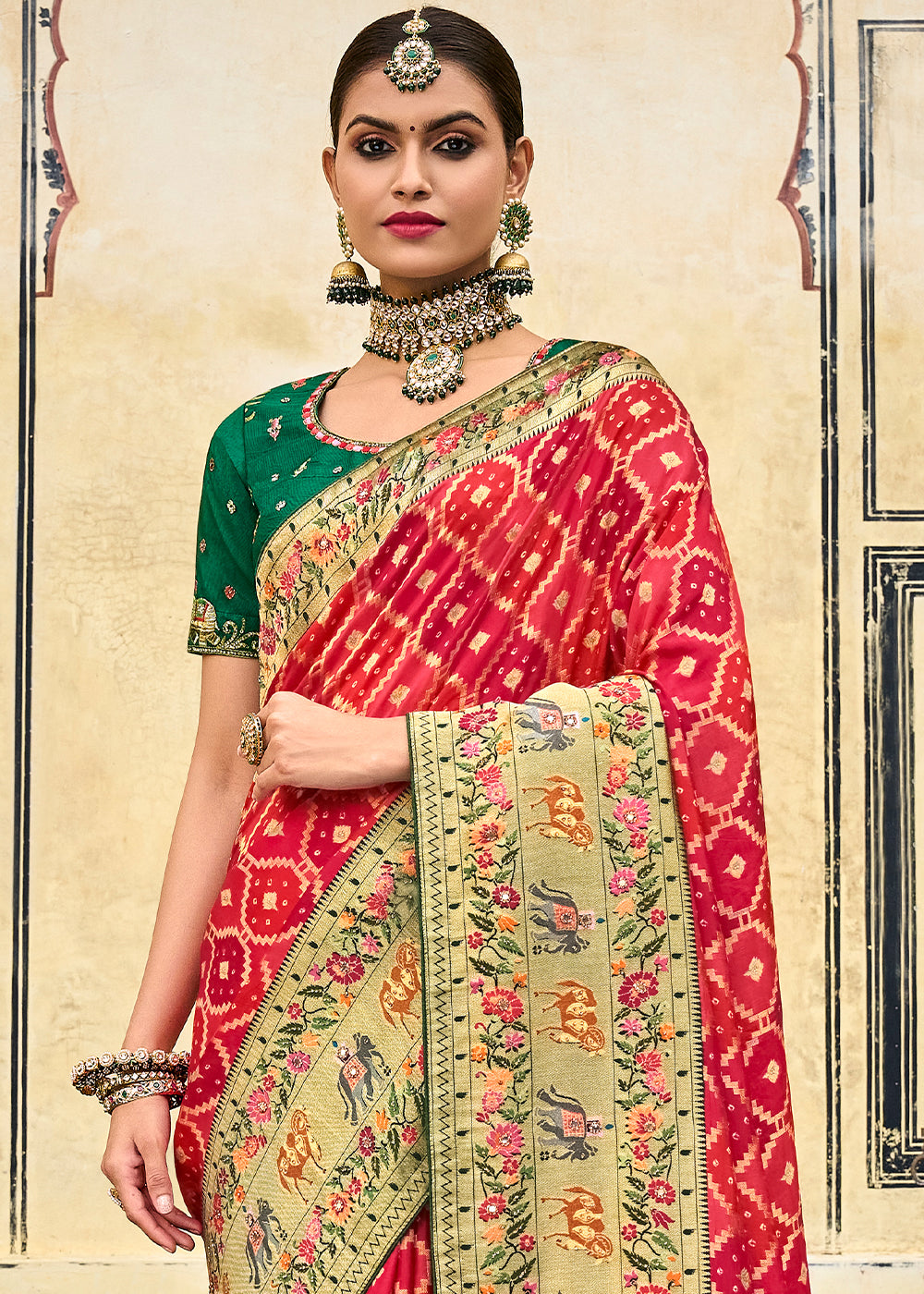 Buy MySilkLove Valencia Red and Green Patola Printed Dola Silk Saree With Embroidered Blouse Online