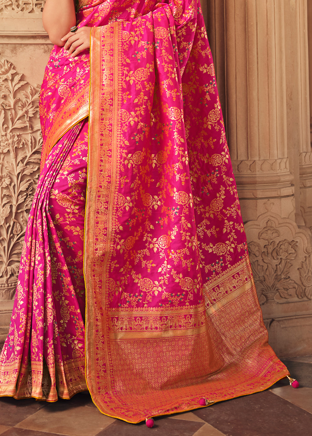 Buy MySilkLove Rose Pink and Yellow Zari Woven Banarasi Saree with Designer Blouse Online