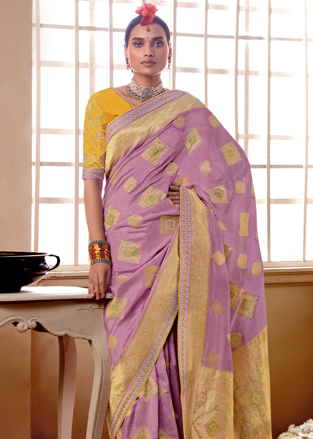 Buy MySilkLove Shocking Purple and Yellow Banarasi Saree with Designer Blouse Online