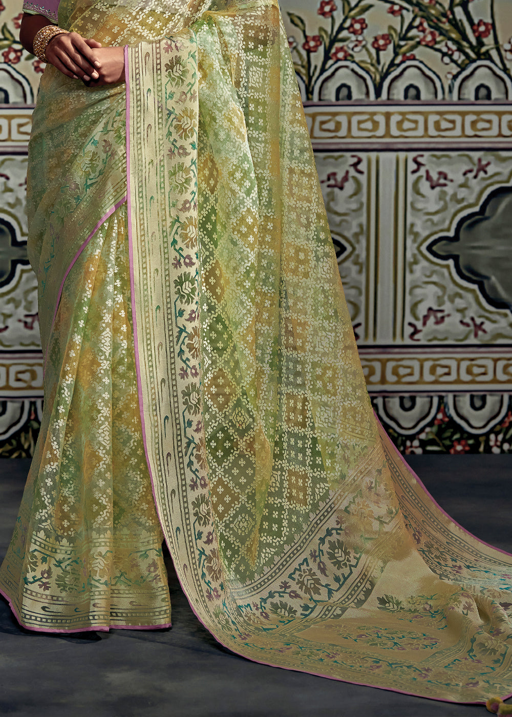 Buy MySilkLove Locust Green and Yellow Woven Soft Silk Saree with Embroidered Blouse Online