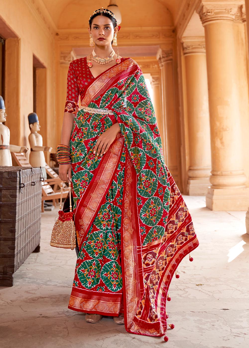 Buy MySilkLove Willow Grove Green and Red Printed Patola Saree Online