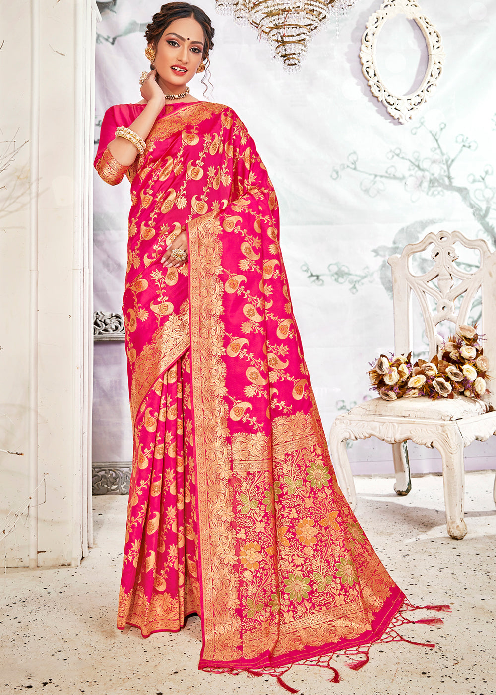 Buy MySilkLove Rose Pearl Pink Zari Woven Banarasi Saree with Overall Jaal Online