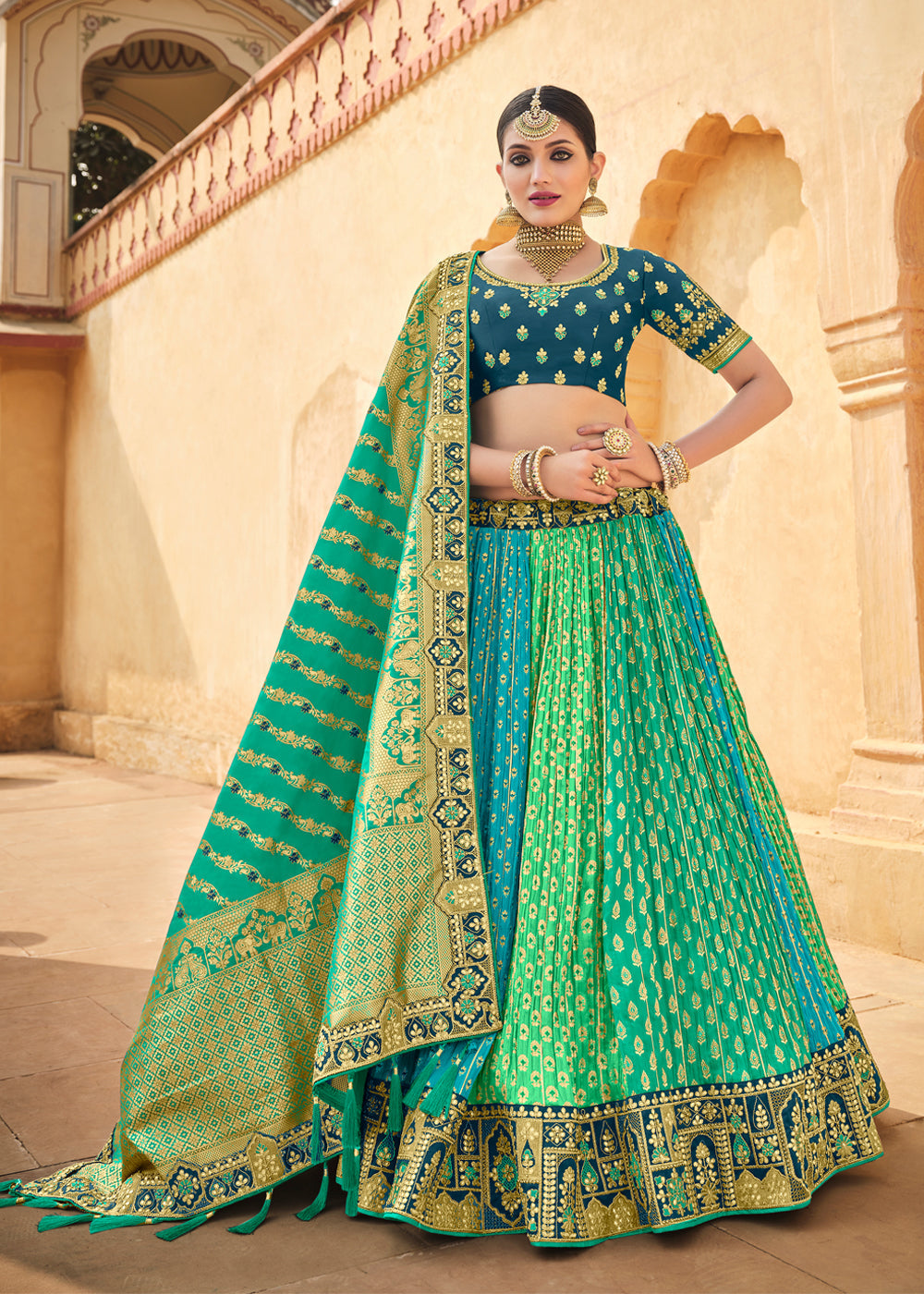 Buy MySilkLove Jade Blue and Green Heavy Embroidered Lehenga Online