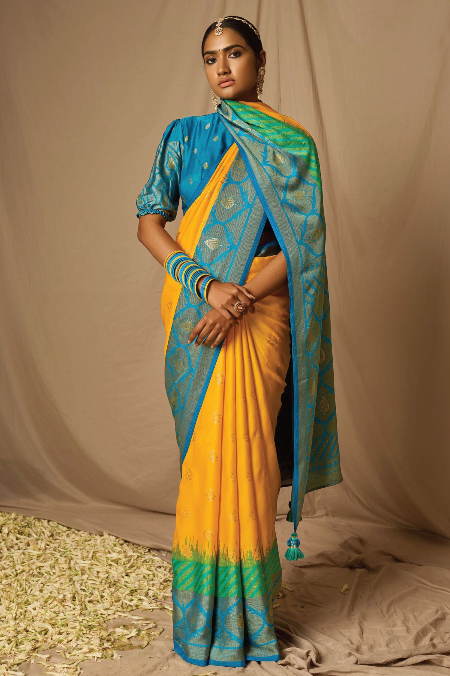 Buy MySilkLove Buttercup Yellow and Blue Woven Banarasi Silk Saree Online