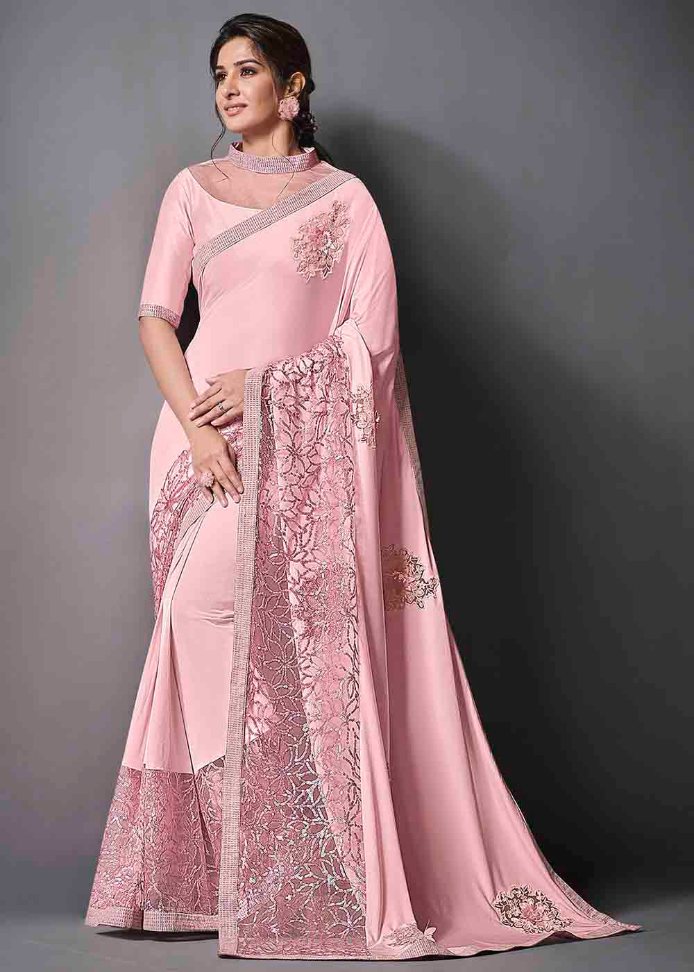 Buy MySilkLove Azalea Pink Designer Lycra Saree with Embroidery Work Online