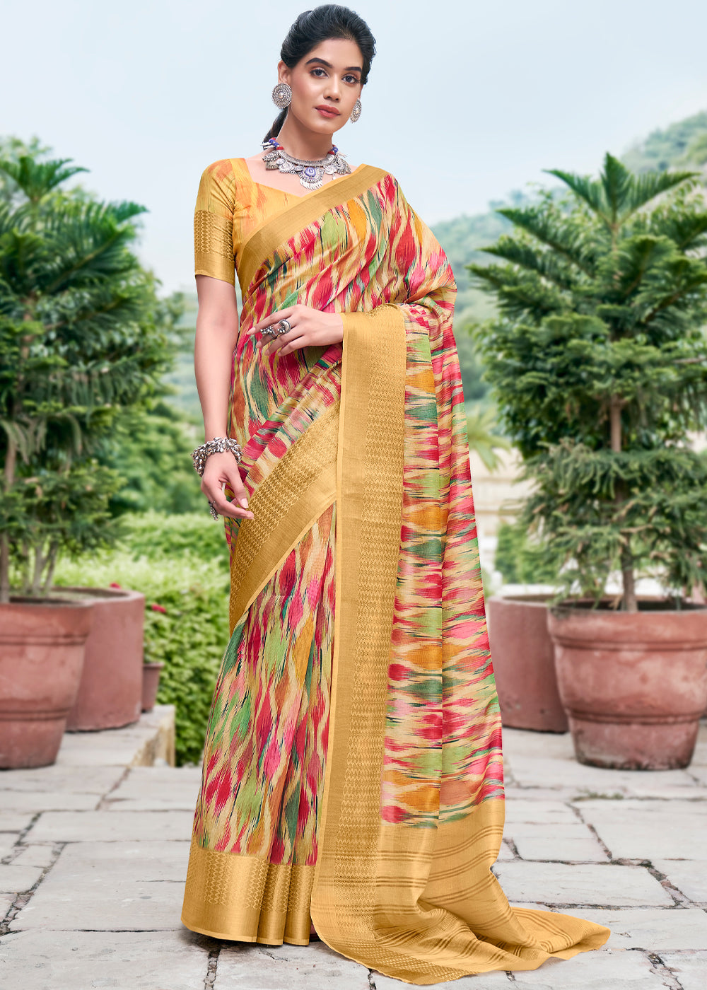 Buy MySilkLove Rob Yellow Banarasi Printed Saree Online