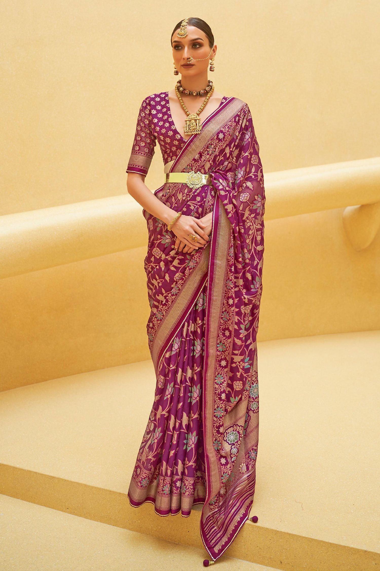 Buy MySilkLove Solid Dark Pink Zari Woven Brasso Organza Saree Online