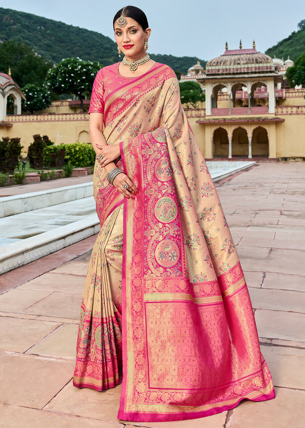 Buy MySilkLove Orleans Cream and Pink Designer Banarasi Saree Online