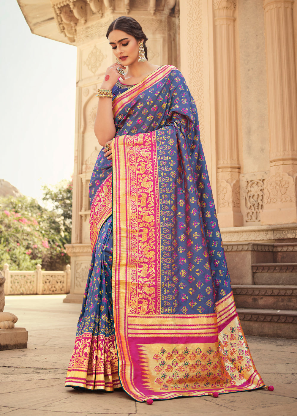 Buy MySilkLove Comet Blue and Pink Zari Woven Banarasi Saree with Designer Blouse Online