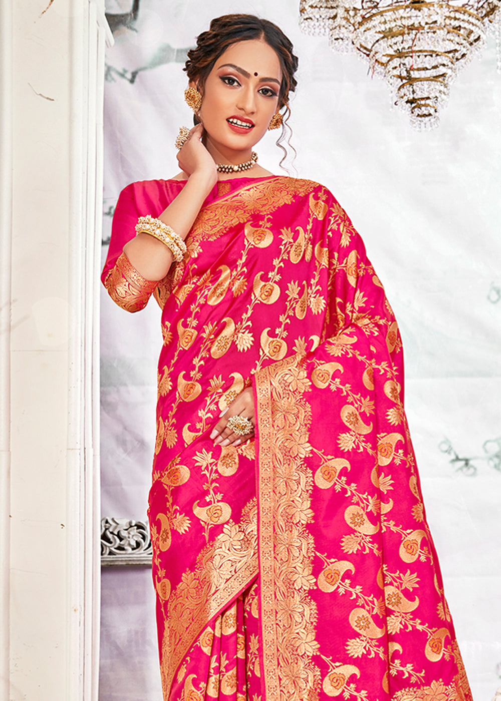 Buy MySilkLove Rose Pearl Pink Zari Woven Banarasi Saree with Overall Jaal Online