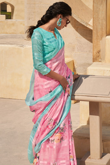 Buy MySilkLove Pale Rose Pink and Blue Digital Printed Linen Floral Saree Online