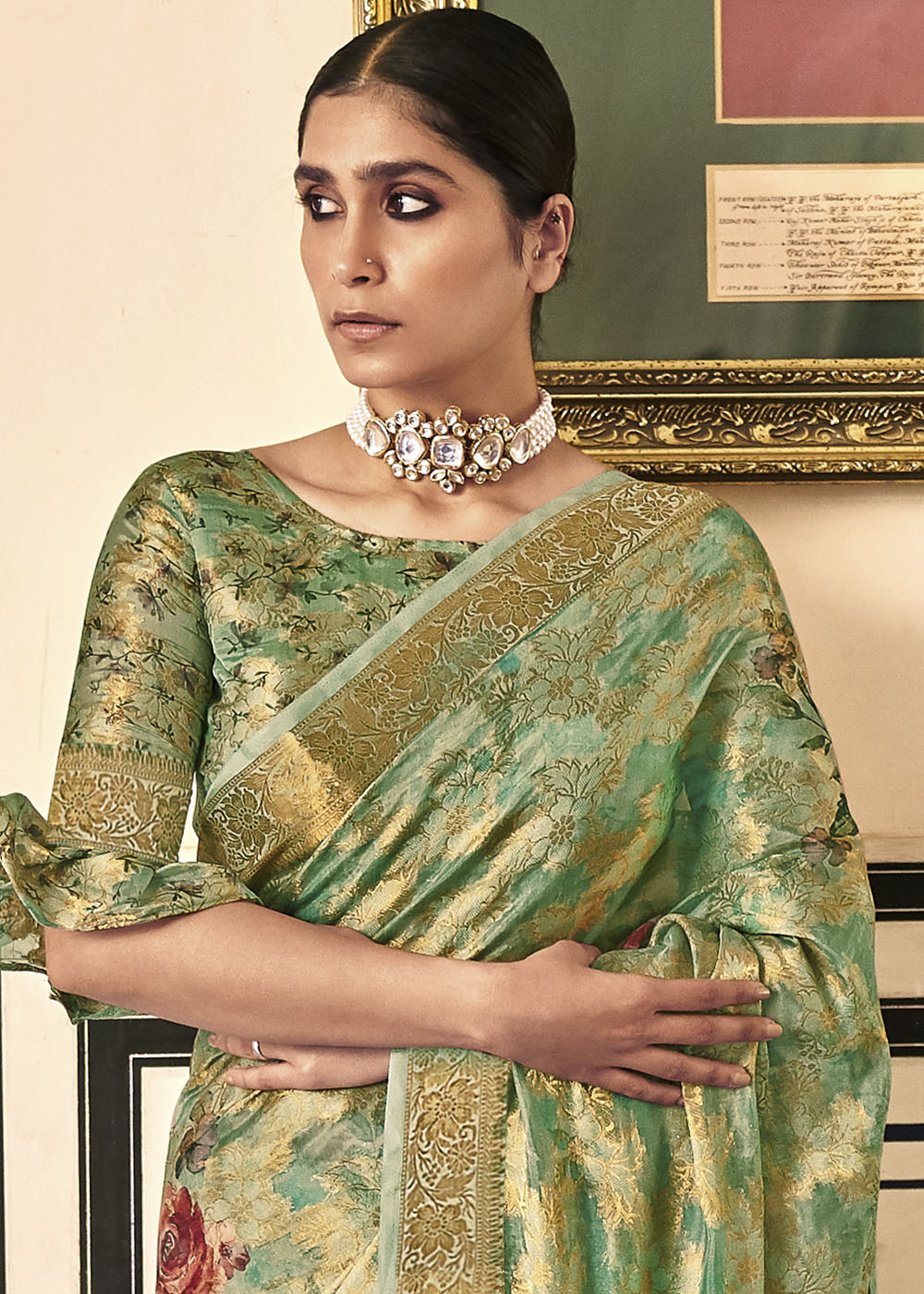 MySilkLove Olivine Green Digital Printed Brasso Saree