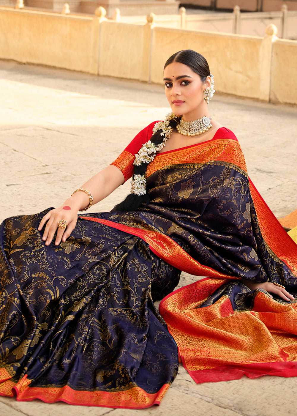 Buy MySilkLove Rock Blue and Red Zari Woven Kanjivaram Saree Online