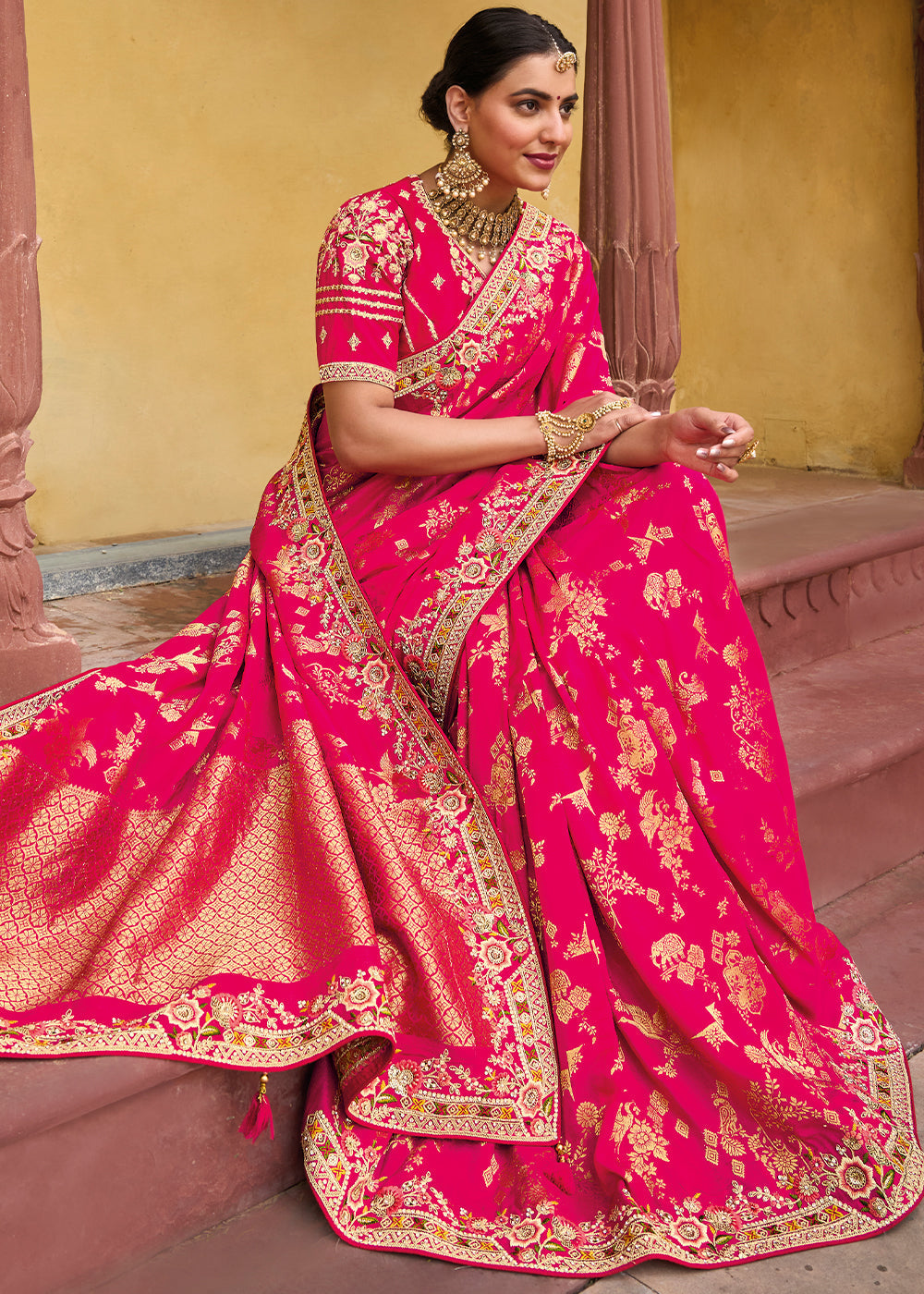 Buy MySilkLove Carnation Pink Embroidered Dola Silk Saree Online