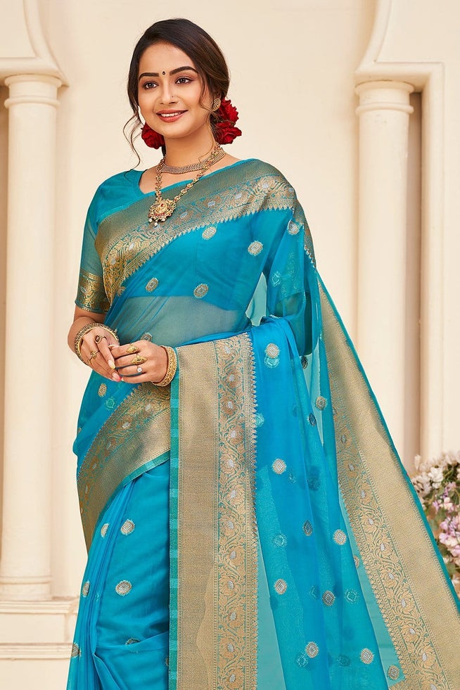 Buy MySilkLove Spray Blue Handloom Woven Organza Saree Online