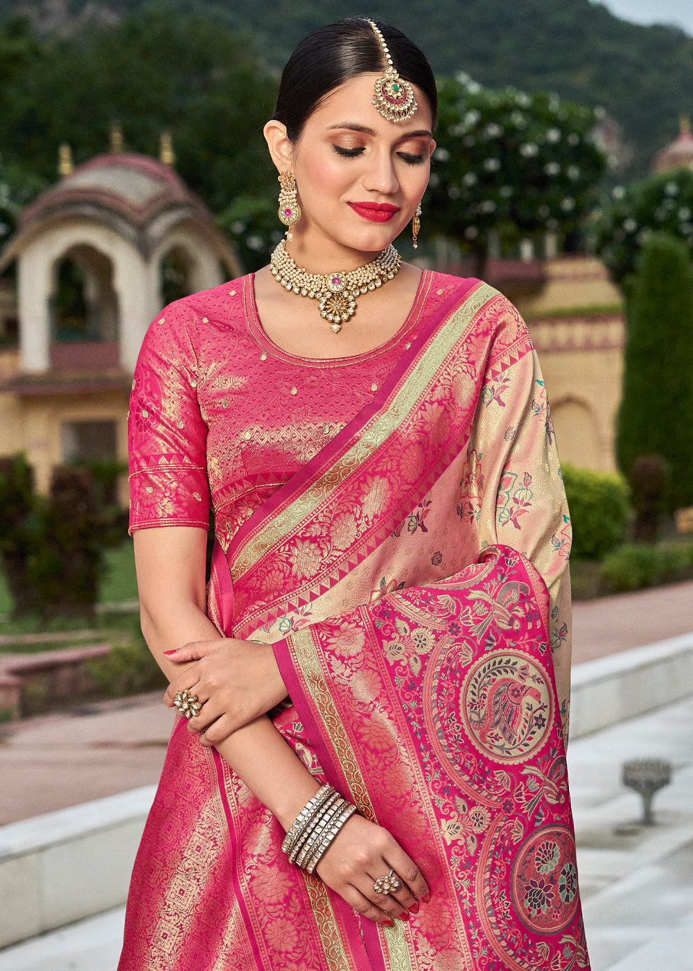 Buy MySilkLove Orleans Cream and Pink Designer Banarasi Saree Online