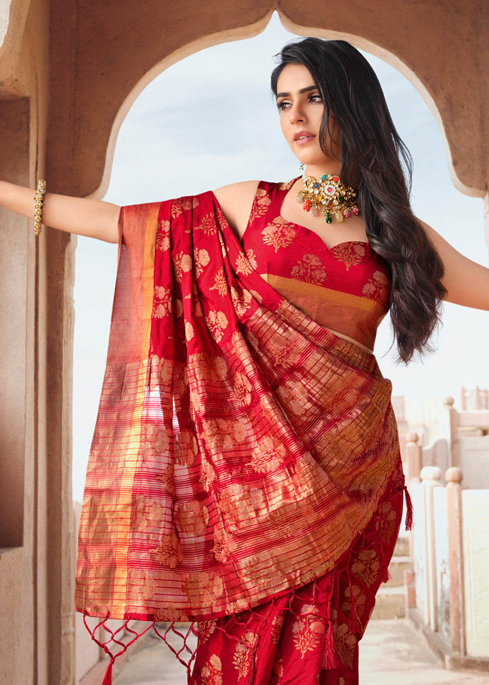 MySilkLove Rusty Red Woven Banarasi Raw Silk Saree