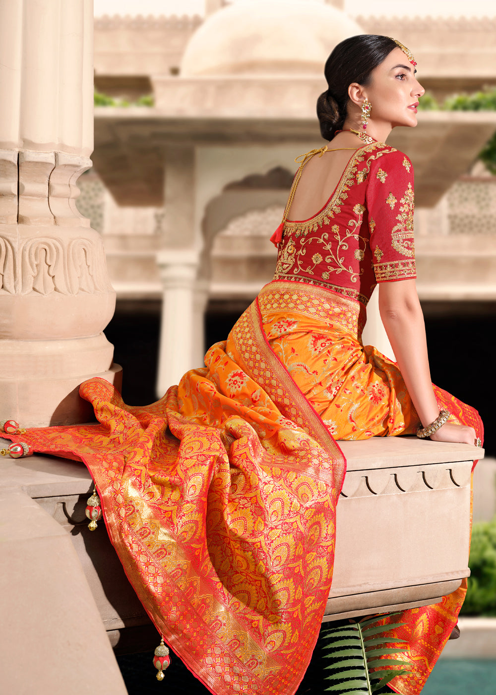 Buy MySilkLove Burnt Orange and Red Woven Designer Banarasi Silk Saree Online