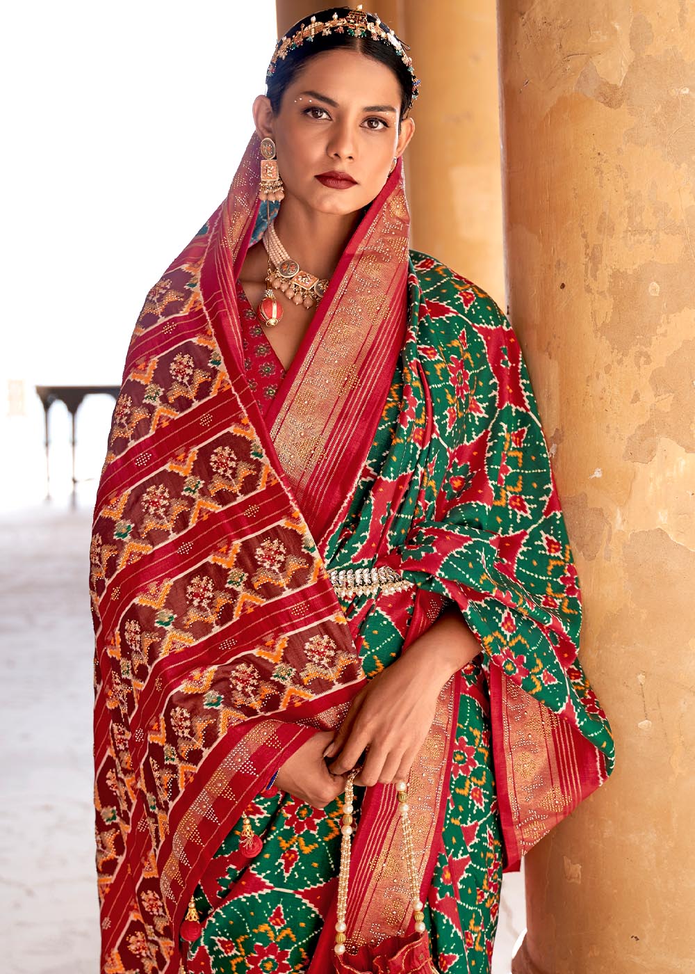 Buy MySilkLove Willow Grove Green and Red Printed Patola Saree Online