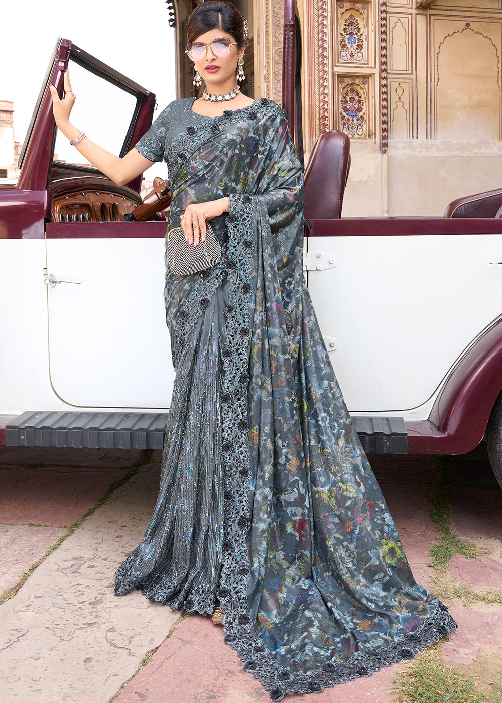 Buy MySilkLove Slate Grey Designer Silk Saree Online