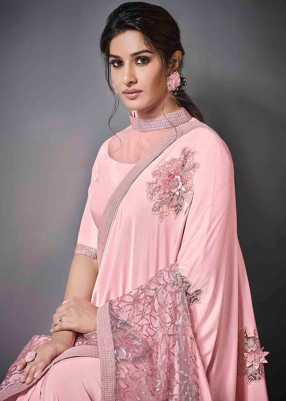 MySilkLove Azalea Pink Designer Lycra Saree with Embroidery Work