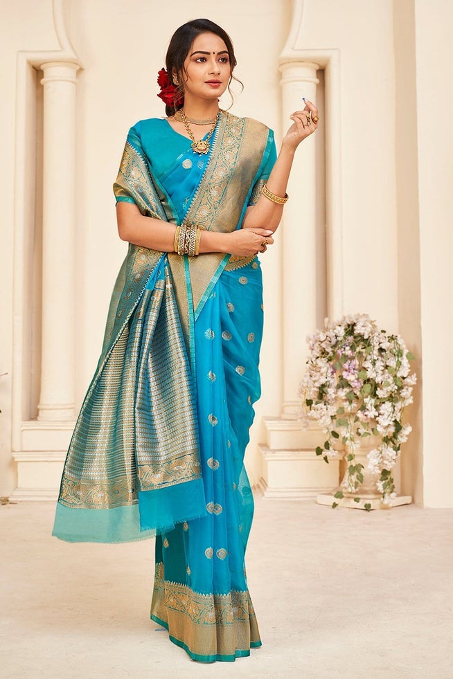 Buy MySilkLove Spray Blue Handloom Woven Organza Saree Online