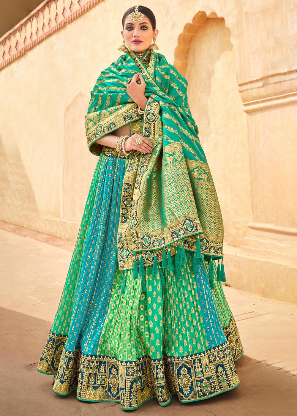 Buy MySilkLove Jade Blue and Green Heavy Embroidered Lehenga Online